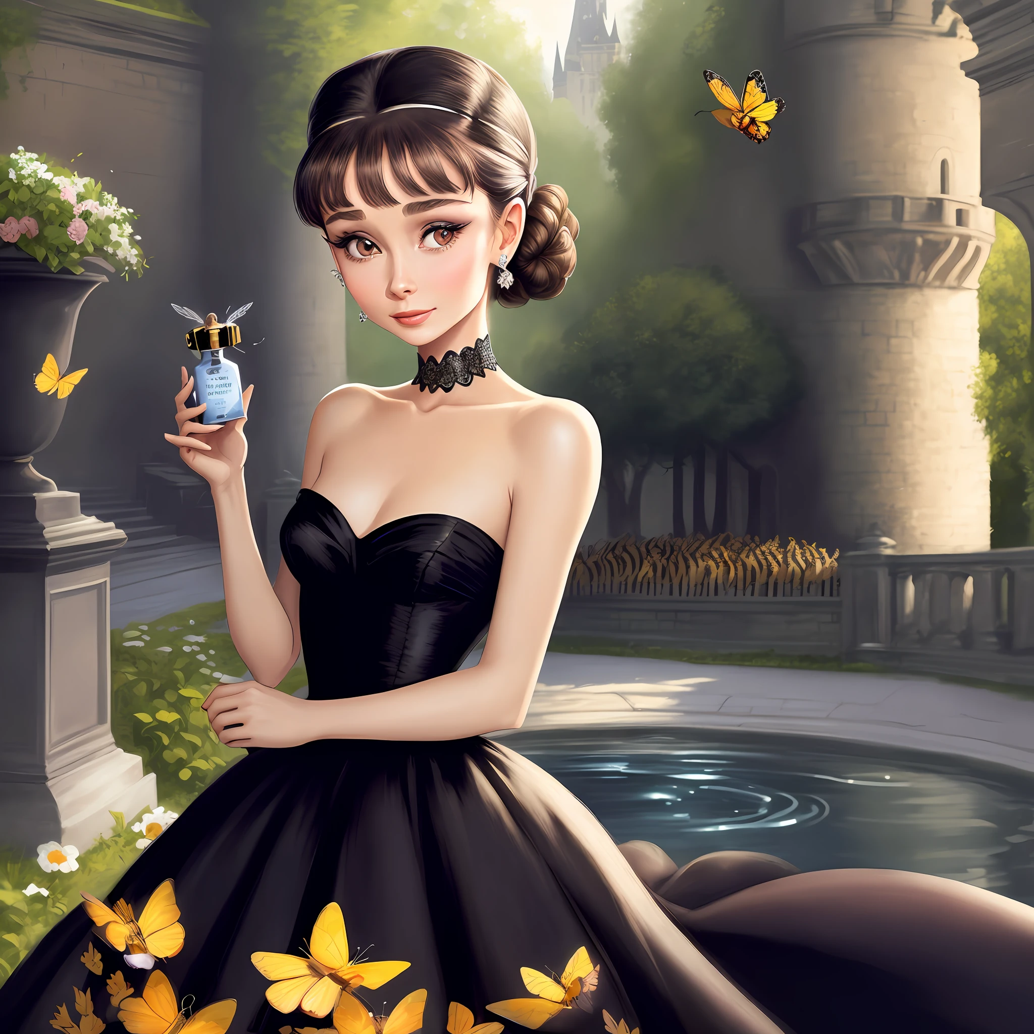Audrey Hepburn, perfume, advertisement, holding perfume in her right hand, lowering her head to smell the perfume, highlighting the perfume, sexy dress, castle garden background, rich colors, attracting bees and butterflies