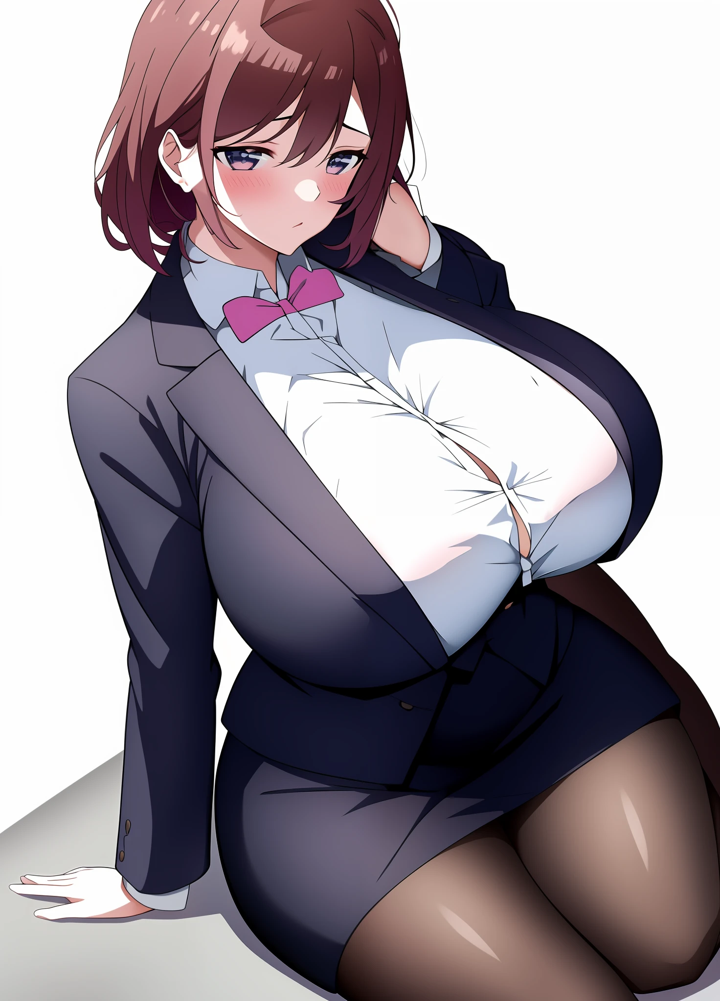 anime girl in a suit sitting on the ground with her hands on her hips, oppai, oppai proportions, thicc, fully - clothed!!!, (sfw) safe for work, with a large breasts, big breasts!, big breasts!!, in strict suit, wearing a strict business suit, breasts covered and sfw, in a strict suit, realistic girl