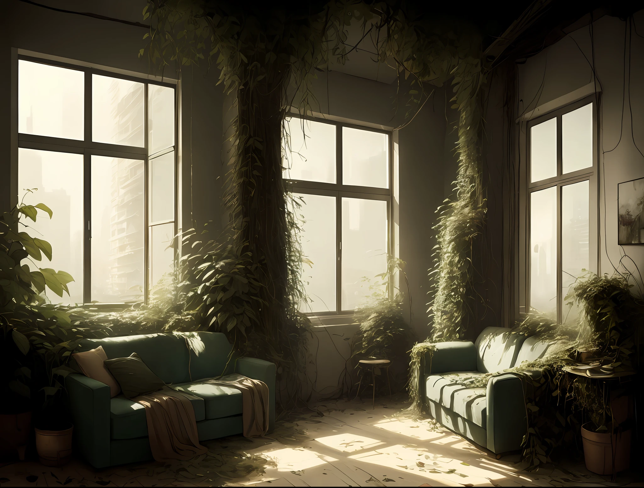 over_grown, apartment beautiful studio soft light, rim light, amazing, finely detail, masterpiece,best quality,official art, best quality, masterpiece, illustration