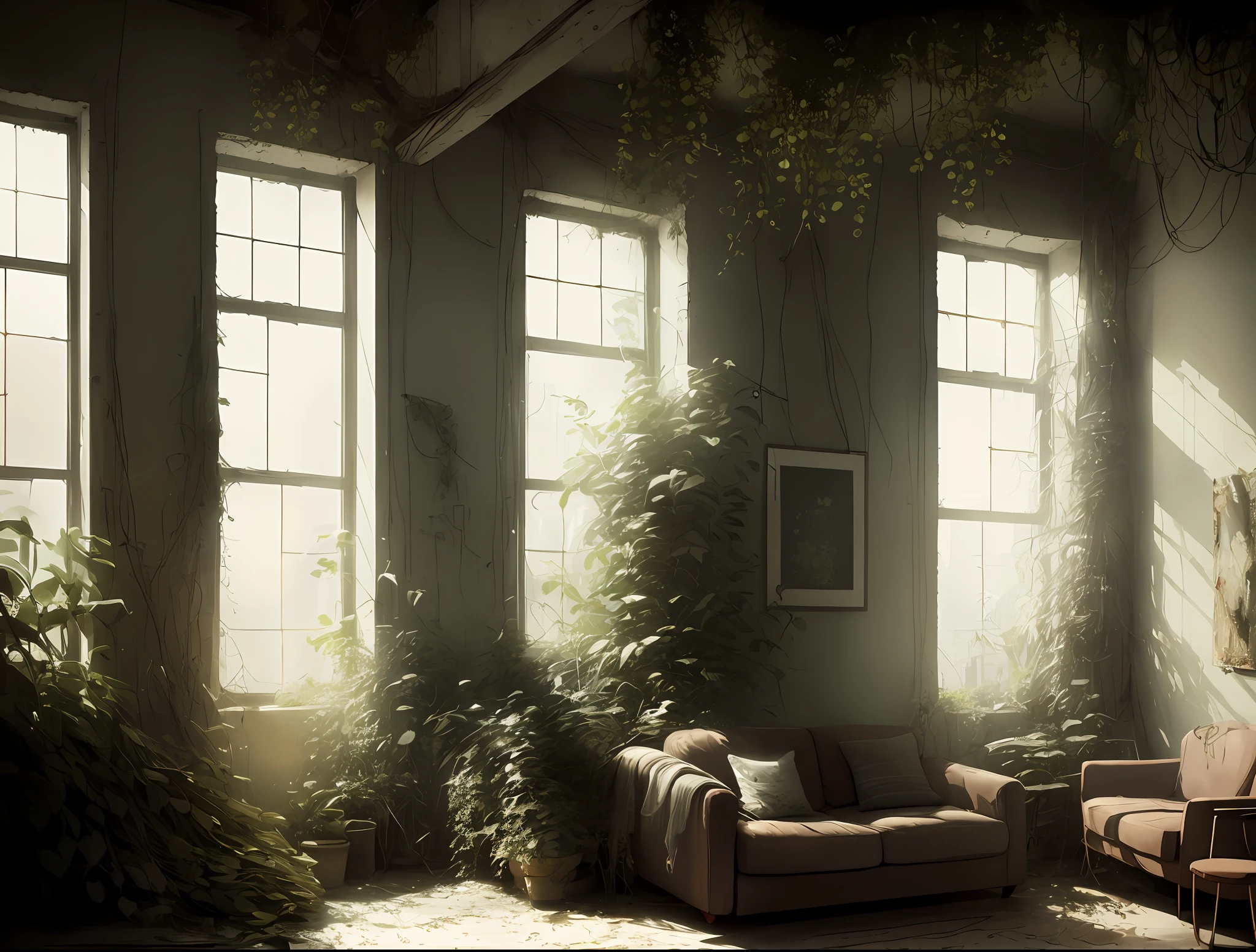over_grown, apartment beautiful studio soft light, rim light, amazing, finely detail, masterpiece,best quality,official art, best quality, masterpiece, illustration
