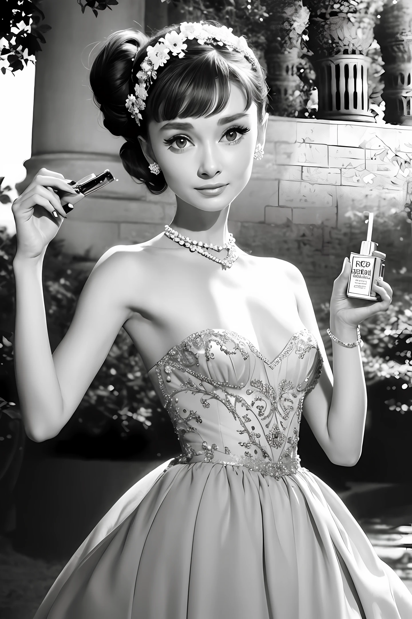 Audrey Hepburn, perfume, advertisement, holding perfume in her right hand, sexy dress, castle garden background