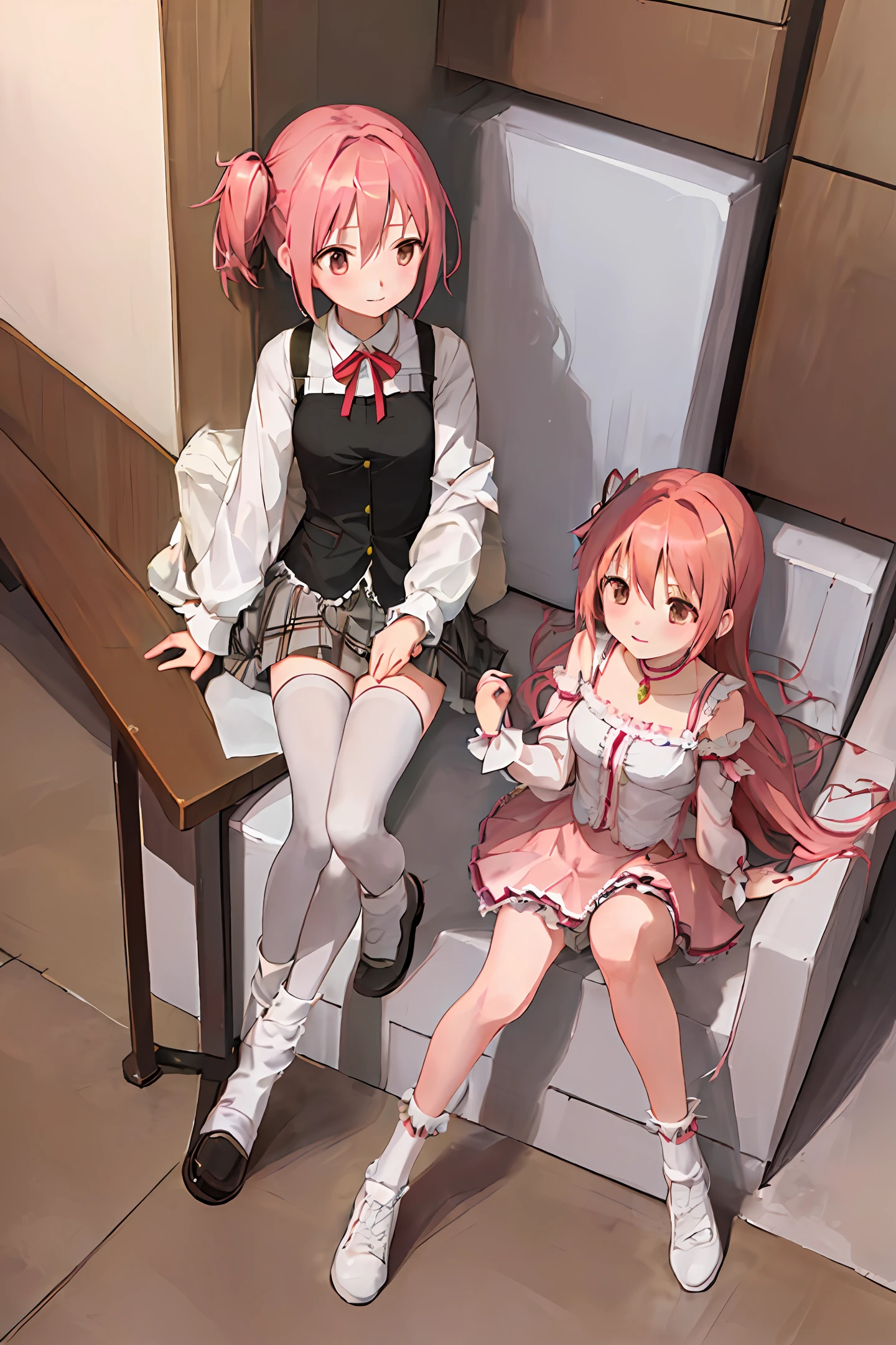 ((masterpiece,best quality)),2girls, kaname madoka, miki sayaka, madoka magica, cute girls, holding hand