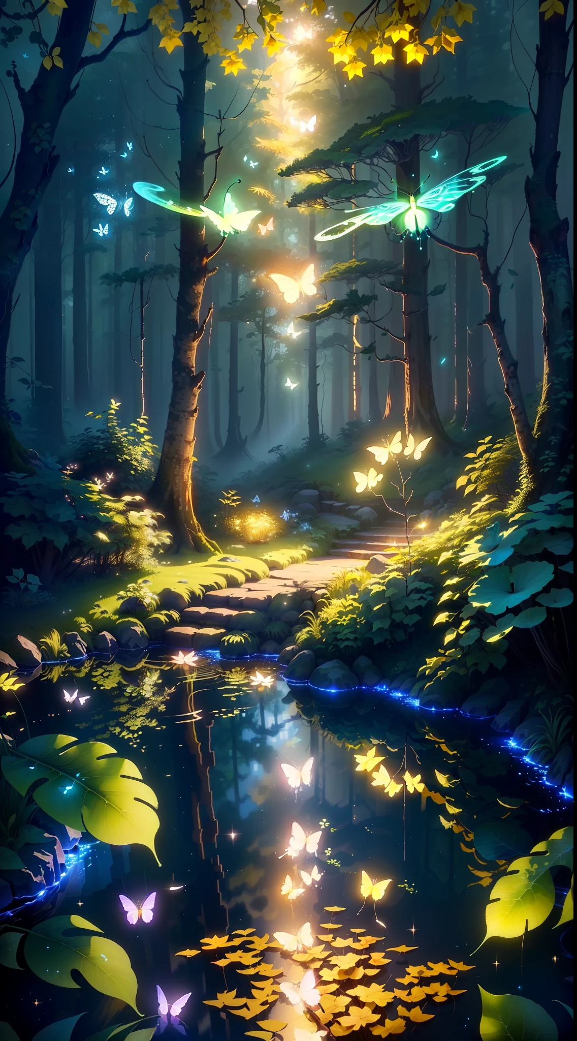 A masterpiece, the best quality, stunning reflections, the best reflections ever. (very detailed CG unity 8k wallpapers), (best quality), (best illustrations), (best shadows), forest theme with natural elements. Tall trees, quiet streams, small glowing mushrooms surrounded by delicate leaves and branches, with fireflies and glowing particle effects,, (natural elements), (jungle theme), (leaves), (twigs), (fireflies), butterflies, (delicate leaves), (glow), (particle effects). , Isometric 3D, Octane Rendering, Ray Traced, Super Detailed