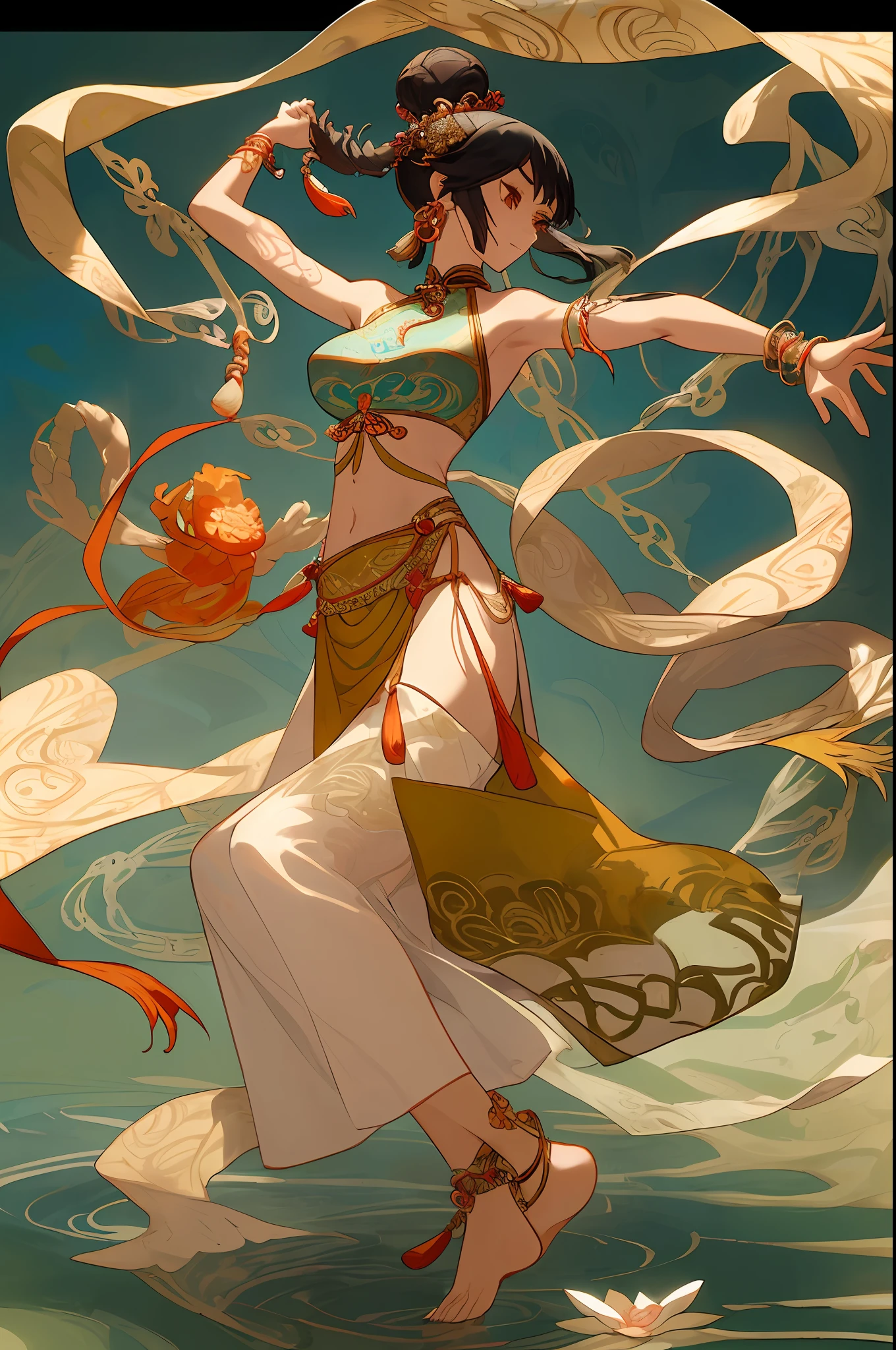 Inspired by Dunhuang Flying Apsaras mural, an ancient Chinese beauty stands and dances on the water, gorgeous Dunhuang costumes are embroidered with intricate embroidery, flowing tulle, transparent long colorful ribbons on the arms, navel exposed, shoulders exposed, and neck exposed , black curly hair in a high bun with flower hairpins, streamers on the arm rings, wreath rings, bracelets, anklets, metal chain tassels on the waist, Mogao Grottoes art, ink painting, cgstation fashion