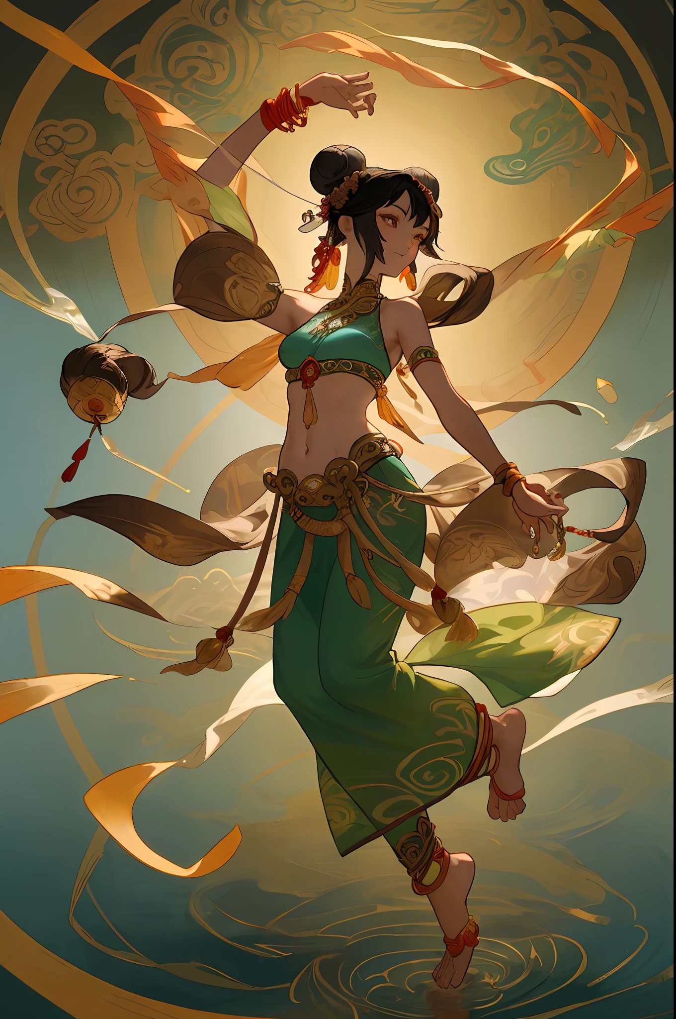 Inspired by Dunhuang Flying Apsaras mural, an ancient Chinese beauty stands and dances on the water, gorgeous Dunhuang costumes are embroidered with intricate embroidery, flowing tulle, transparent long colorful ribbons on the arms, navel exposed, shoulders exposed, and neck exposed , black curly hair in a high bun with flower hairpins, streamers on the arm rings, wreath rings, bracelets, anklets, metal chain tassels on the waist, Mogao Grottoes art, ink painting, cgstation fashion