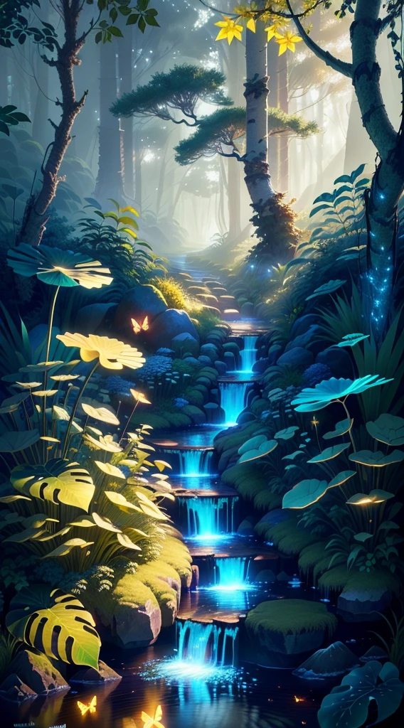 Masterpiece, best quality, (highly detailed CG unity 8k wallpapers), (best quality), (best illustrations), (best shadows), forest theme with natural elements. Tall trees, quiet streams, small glowing mushrooms surrounded by delicate leaves and branches, with fireflies and glowing particle effects,, (natural elements), (jungle theme), (leaves), (twigs), (fireflies), butterflies, (delicate leaves), (glow), (particle effects). , Isometric 3D, Octane Rendering, Ray Traced, Super Detailed