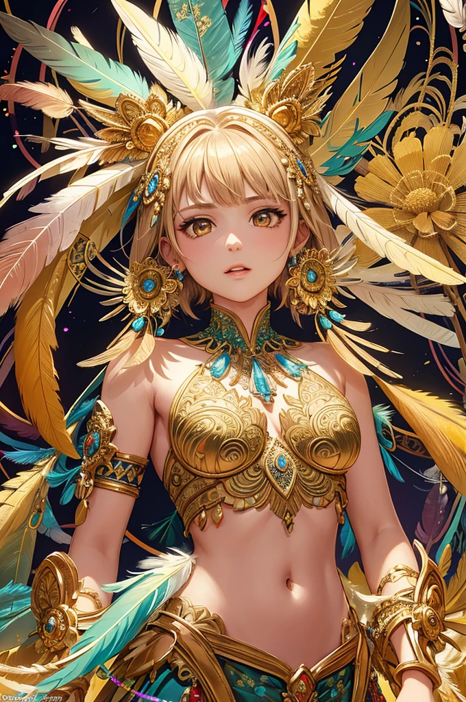 A girl with small breasts, bare shoulders, golden hair, colored feathers, metal ornaments, colored flowers, particles, light rays, (masterpiece, top quality, best quality, official art, beautiful and aesthetic:1.2), (1girl:1.3), extremely detailed,(fractal art:1.1),(colorful:1.1)(flowers:1.3),highest detailed,(zentangle:1.2), (dynamic pose), (abstract background:1.3), (shiny skin), (many colors :1.4), ,(earrings:1.4), (feathers:1.4)