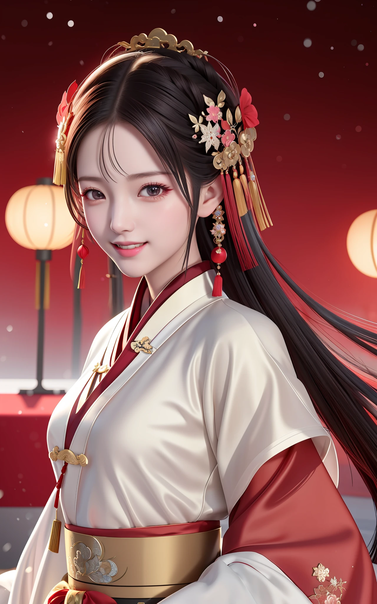 High resolution, 1girl, (glamorous smile: 0.8), Chinese Hanfu, red Hanfu, hair accessories, snow, beauty, ultra-high-definition pictures, complex and detailed light, shadow and refraction, exquisite and high-quality atmospheric lighting, Octane rendering engine, focus Clear, high contrast, high resolution, cinematic concept photography