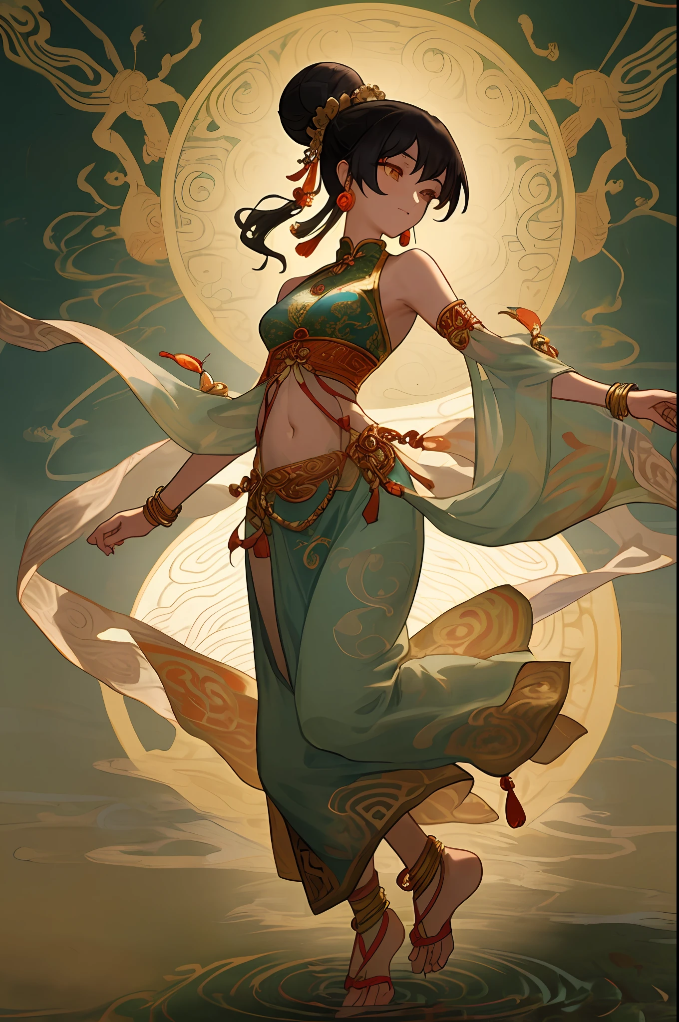 Inspired by Dunhuang Flying Apsaras mural, an ancient Chinese beauty stands and dances on the water, gorgeous Dunhuang costumes are embroidered with intricate embroidery, flowing tulle, transparent long colorful ribbons on the arms, navel exposed, shoulders exposed, and neck exposed , black curly hair in a high bun with flower hairpins, streamers on the arm rings, wreath rings, bracelets, anklets, metal chain tassels on the waist, gentle eyes, Mogao Grottoes art, ink painting, cgstation fashion