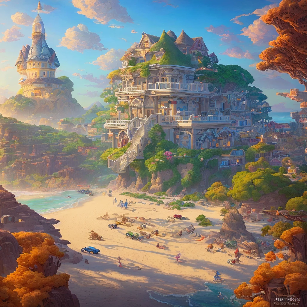 a painting of a beach with a car and a building, a digital painting by Justin Gerard, trending on Artstation, pixel art, jen bartel, dan mumford paint, painting by dan mumford, stunning art style, dan mumford and thomas kinkade, in the style dan mumford artwork, in the art style of dan mumford, painting by android jones, beautiful detailed pixel art