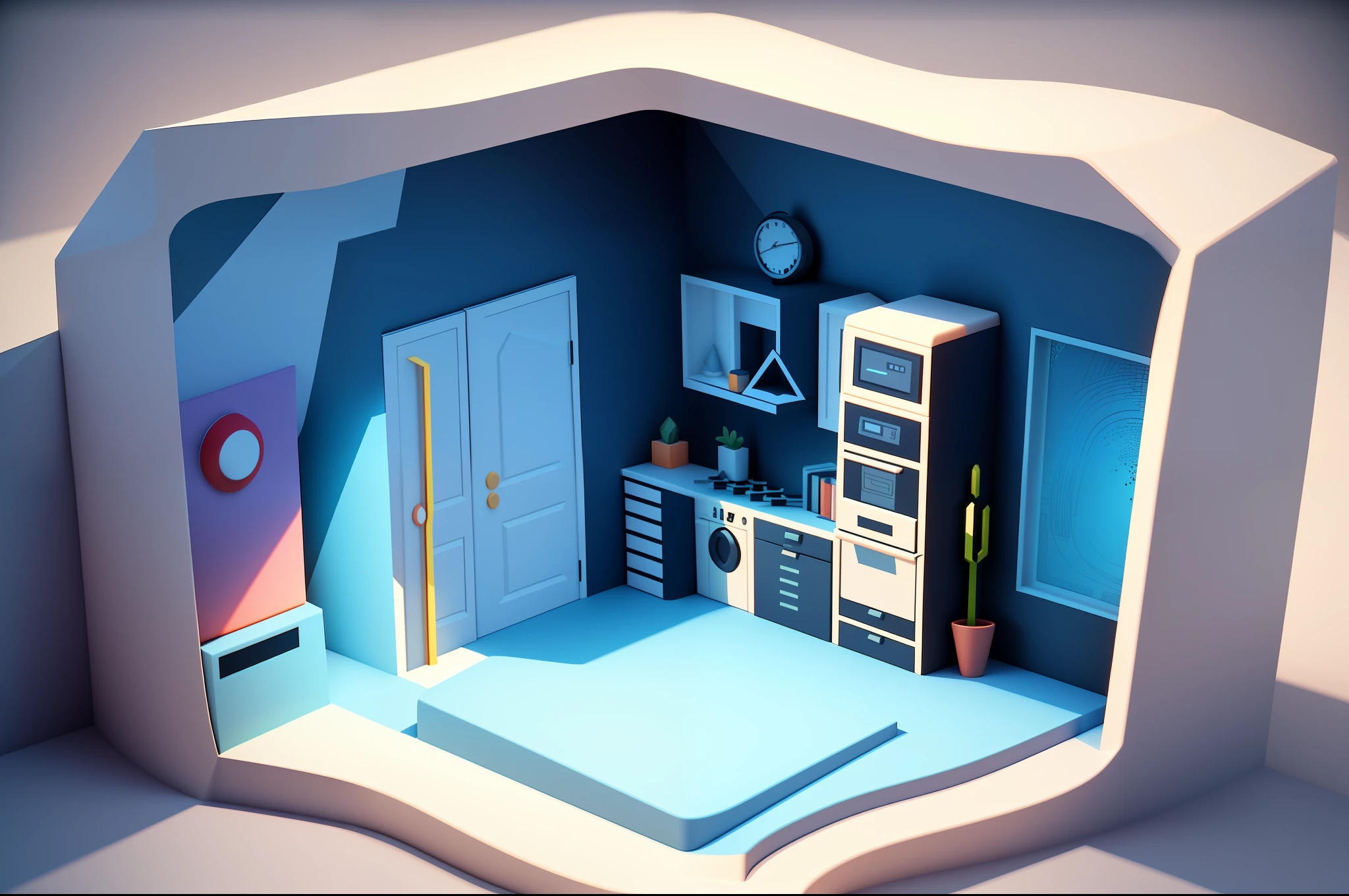 Isometric style, accurate 120 degrees, poly art, stylized 3D rendering, small room, 3D stylized scene,