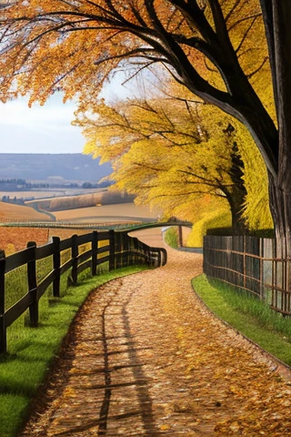 countryside, walkway, autumn, fence, overlooking