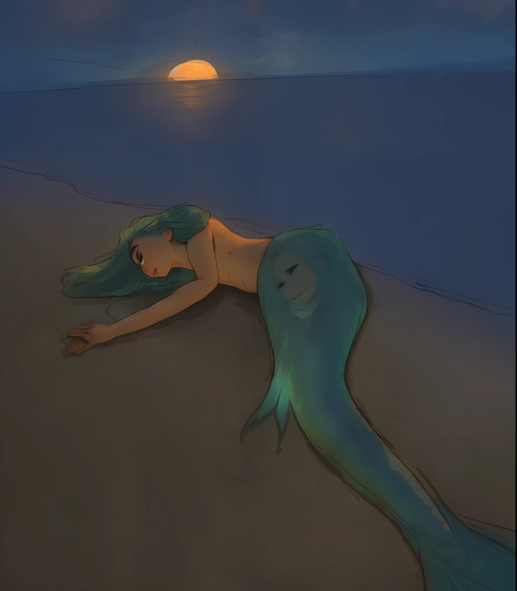 Photo of a mermaid laying on the back at dawn, by samdoesarts