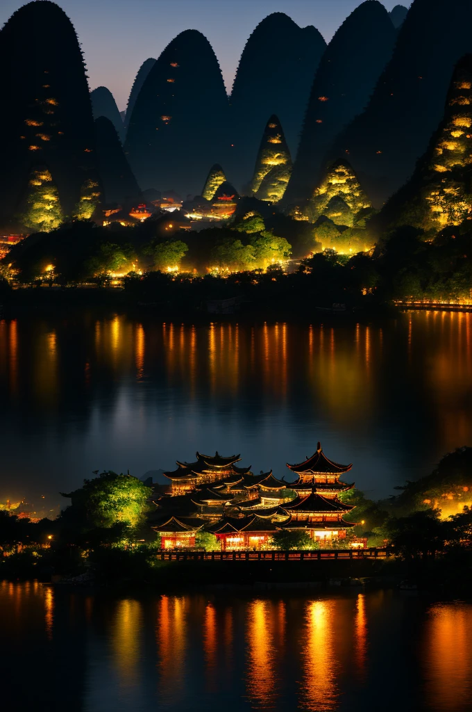 Guilin, Guangxi, masterpiece, best quality, high quality, highly detailed, real shot, unity 8k wallpaper, award winning photography, bokeh, depth of field, HDR, bloom, photorealistic, very detailed, high detail, dramatic, volumetric lighting