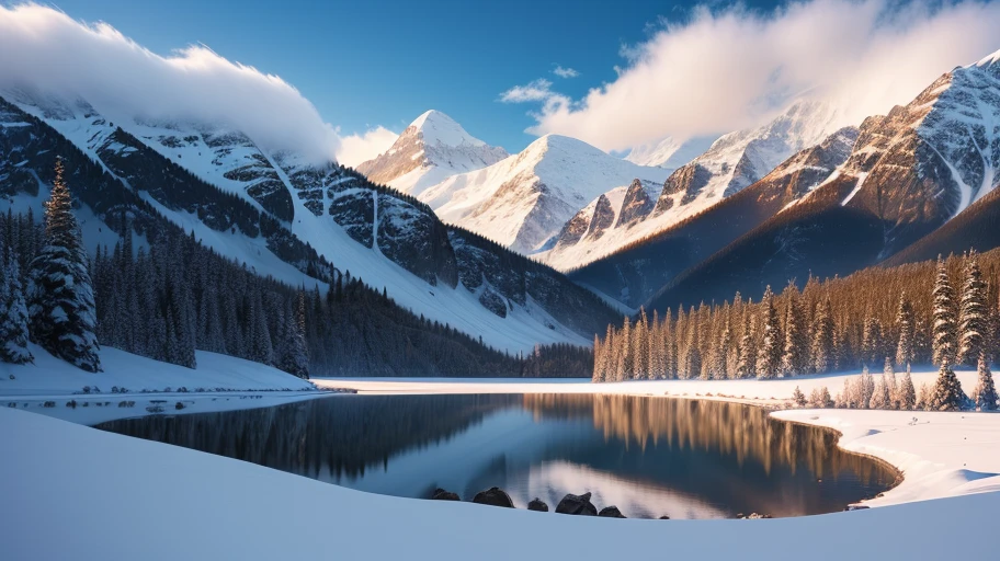 a landscape photograph of snow covered mountains behind a beautiful lake, 35mm, f22, cinematic, wide-angle lens