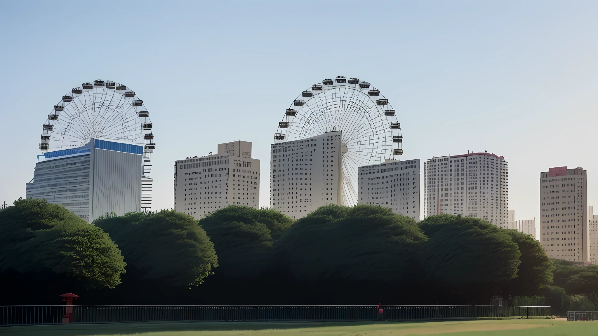 araffes in a field with a ferris wheel in the background, ( ferris wheel ), ferris wheel, baotou china, with a park in the back ground, surrounding the city, shot from a distance, park in background, view from the distance, with a park in the background, amusement park buildings, taken with sony alpha 9, shot from afar