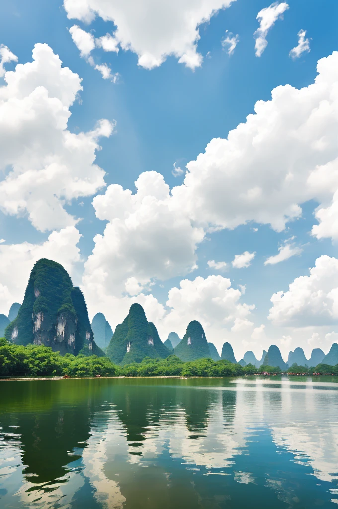Guangxi, Guilin, blue sky and white clouds, real shooting, large depth of field, high-altitude shooting perspective
