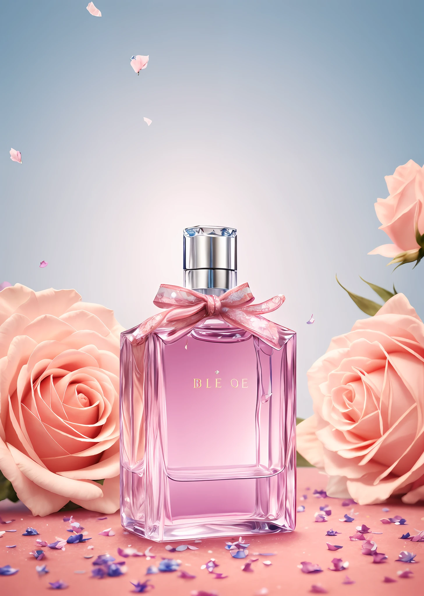 (blue rose), closeup of a bottle of pink perfume, perfume, perfume bottle, floating in perfume, holding a bottle of perfume, beautiful, natural point rose', antique perfume, most beautiful, blue petals flying, ( blue rose background), high quality product, product advertisement, blue petals, 3 6 0 p --v 6