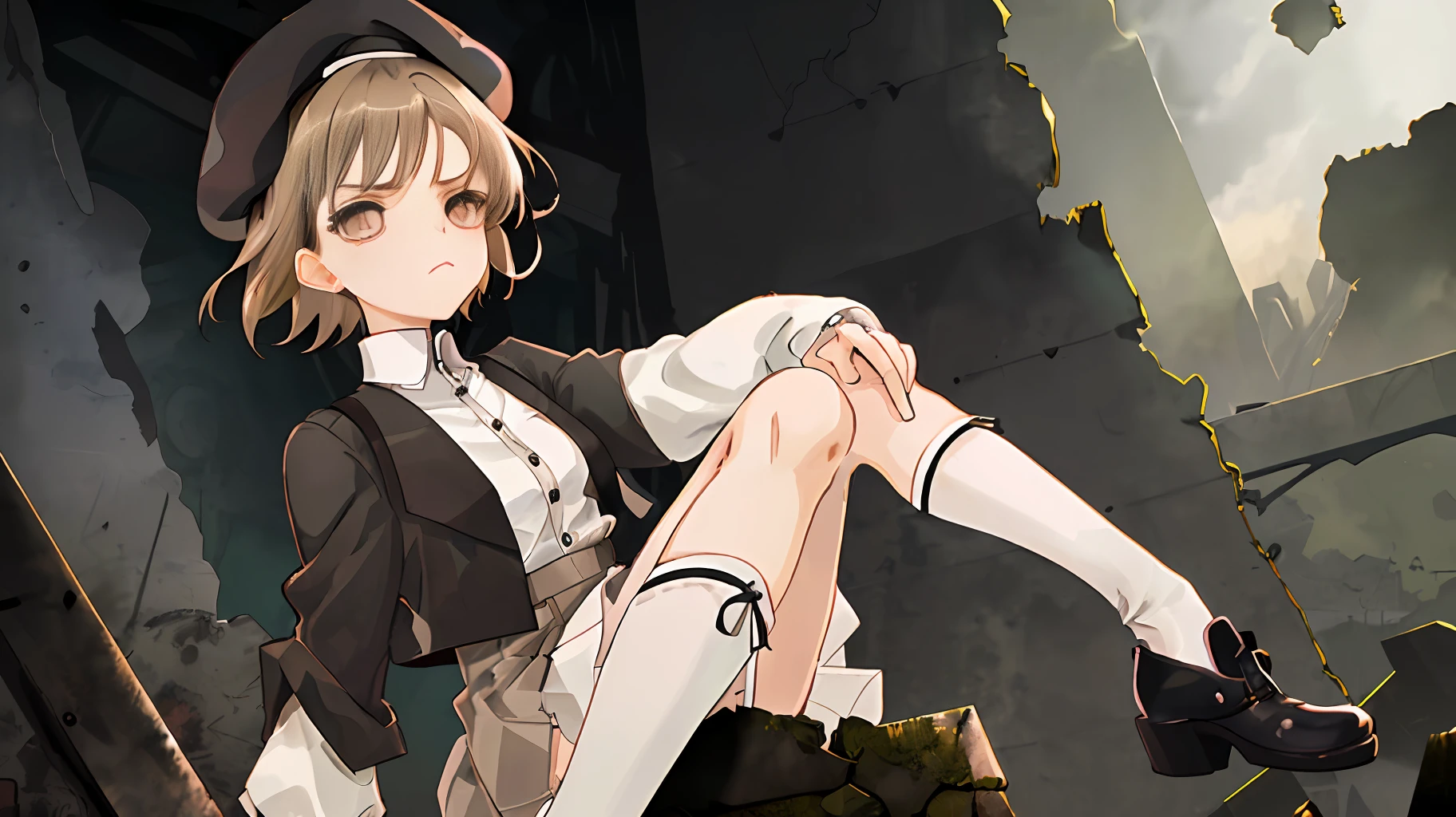 Light brown short hair, black beret, white long-sleeved shirt, black suspender skirt, girl, cute, indifferent face, white knee socks, in the ruins, ruin scene, fine details, meticulous, highest quality