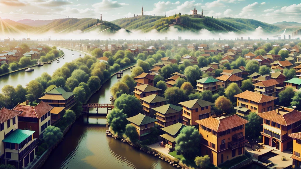 aerial view of a city with a river and a river running through it, realistic photo of a town, dreamy chinese town, residential area, drone view of a city, aerial view of a city, the neat and dense buildings, small town surrounding, riverside, tall buildings on the sides, high-rise buildings, chinese village, houses and buildings, overhead shot, town background