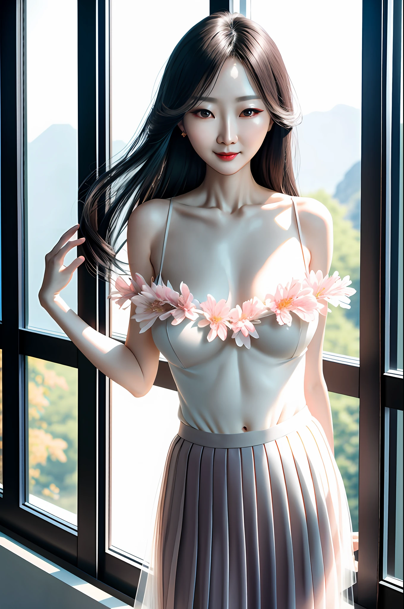 A sexy mature Korean woman, floral pleated tulle skirt, bare shoulders, sexy collarbone, delicate and charming round face, long hair draped shoulder-length, bright eyes, supple skin, confident and generous, bokeh, soft background light, Charming smiling, standing at the window looking at the scenery, front view, body facing forward, head looking out the window,