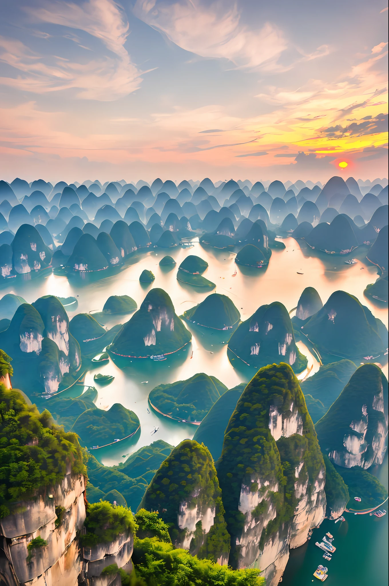 Guangxi, Guilin, sunset, large depth of field, towering peaks, beautiful picture, high angle shot, real shot