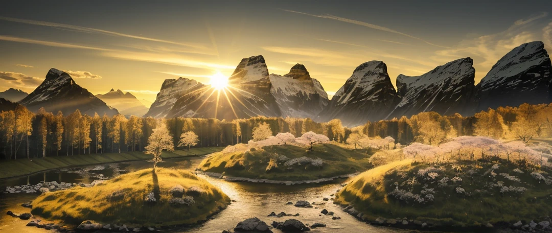 araffes on a hill overlooking a lake and mountains at sunset, a picture by Robert Griffier, shutterstock, romanticism, switzerland, lakeside, 8 1 5, golden light, golden glow, swiss alps, serene emotion, high quality image”, mountain, warm glow, in the swiss alps, at the golden hour, golden morning light, sunset at golden hour