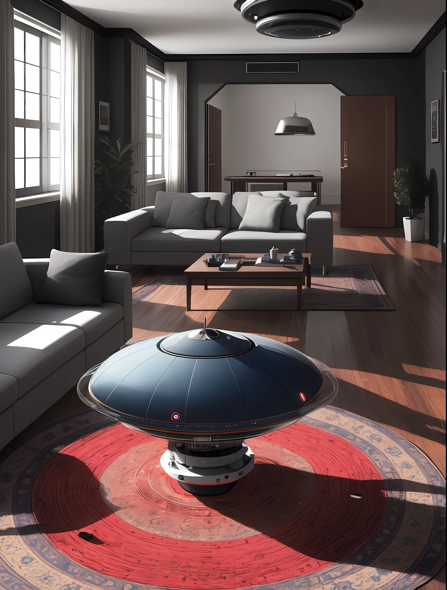 one ufo sitting on the floor of living room with carpet, intricate scifi, organic mechanical, modern interior, High quality photo, ultra high res, (photorealistic:1.4), cinema lighting, insanely detailed, hyper realistic, fine details, octane render