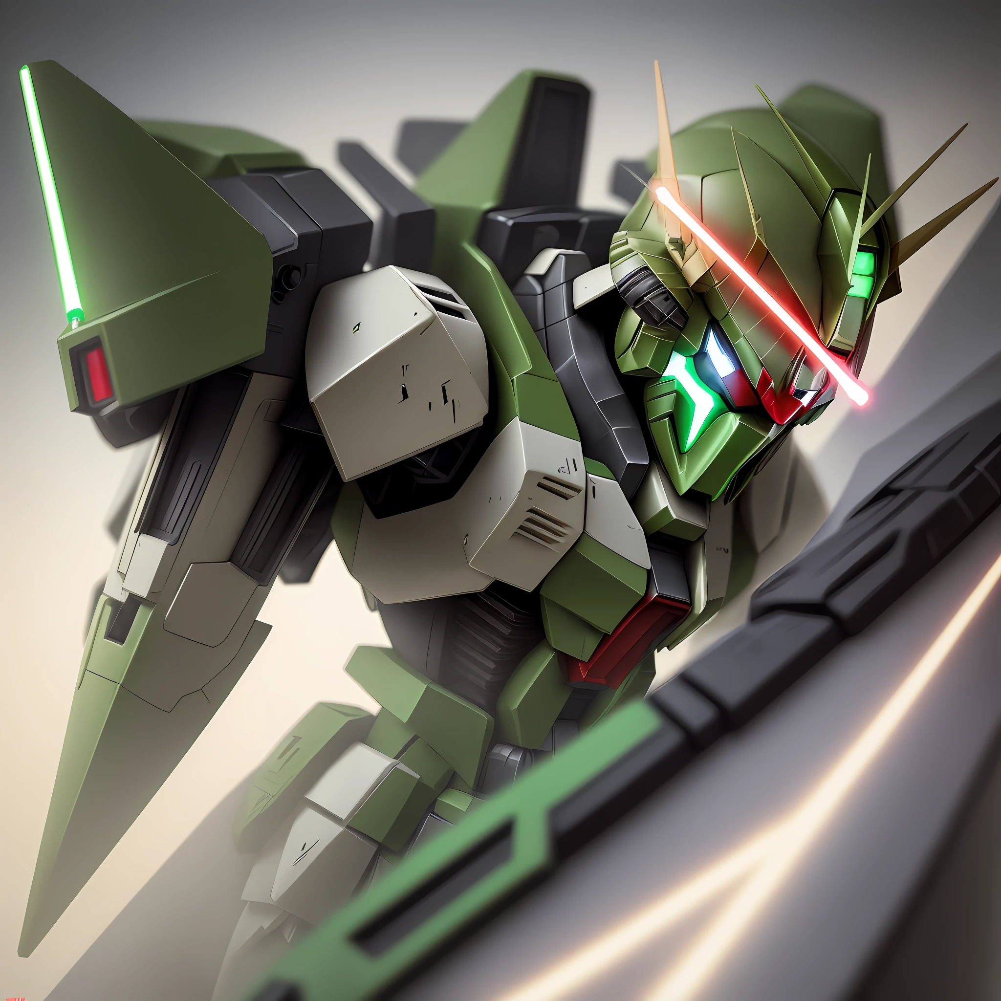 With green light saber, gundam, extreme gundam, gunpla, super detailed masterpiece, super detailed super sharp, high quality masterpiece painting, gundam wing armor, front view, oppressive, mechanical