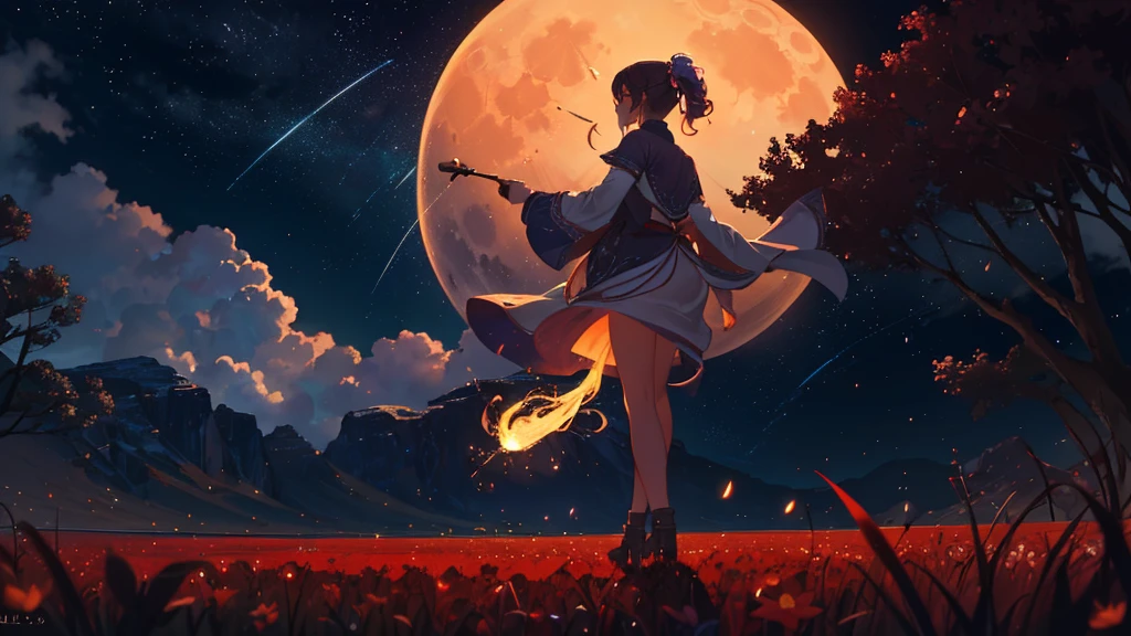 A wide landscape photo, (viewed from below, the sky is above, and the open field is below), a girl standing on a flower field looking up, (full moon: 1.2), (meteor: 0.9), (nebula: 1.3), distant mountains , Trees BREAK Crafting Art, (Warm Light: 1.2), (Firefly: 1.2), Lights, Lots of Purple and Orange, Intricate Details, Volumetric Lighting BREAK (Masterpiece: 1.2), (Best Quality), 4k, Ultra Detailed, (Dynamic Composition: 1.4), Rich in Detail and Color, (Rainbow Color: 1.2), (Glow, Atmospheric Lighting), Dreamy, Magical, (Solo: 1.2)