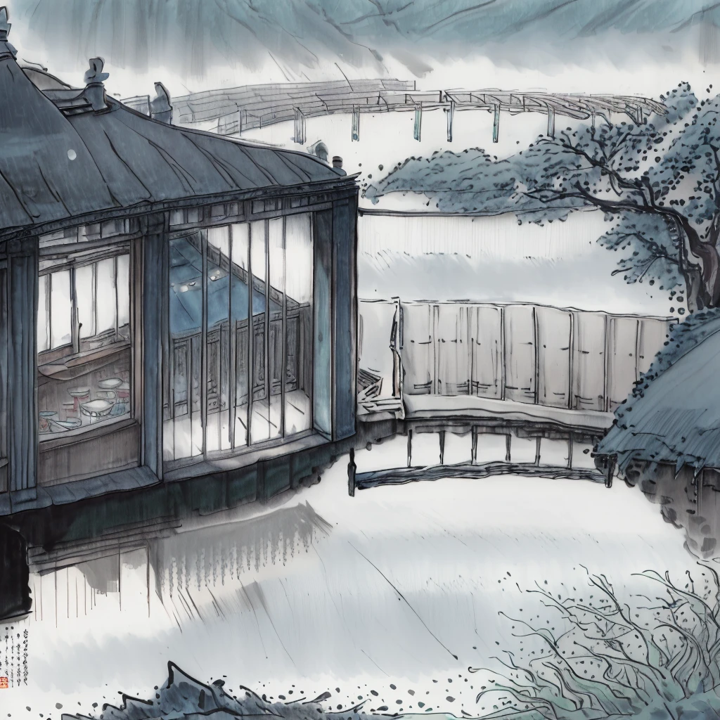 Draw a picture of the landscape in the south of the Yangtze River. On a rainy day, with blue stone roads, the boat is on board. There is a girl in Song Dynasty costume on the boat, holding an oil-paper umbrella