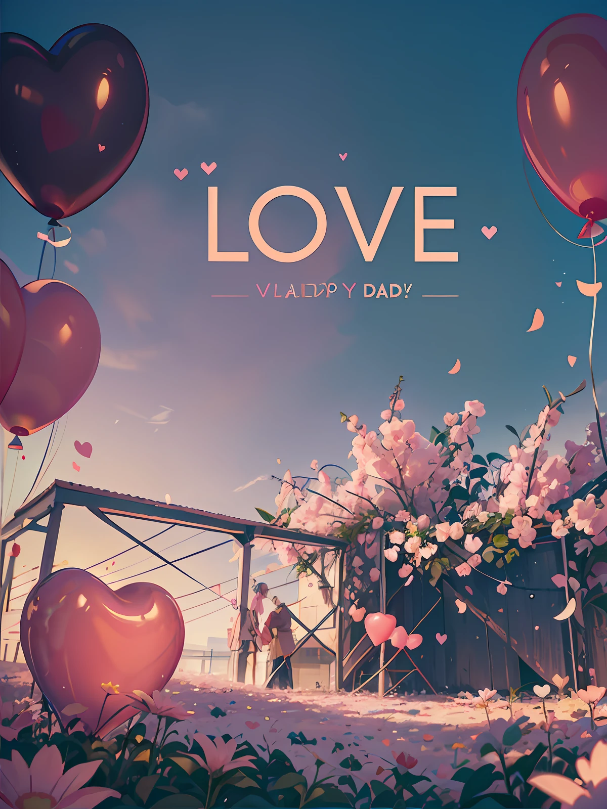 Valentine&#39;s day poster, hyper realistic scene surrounded by pink flowers, love balloons, , blender, product rendering, HD 8K. --v6