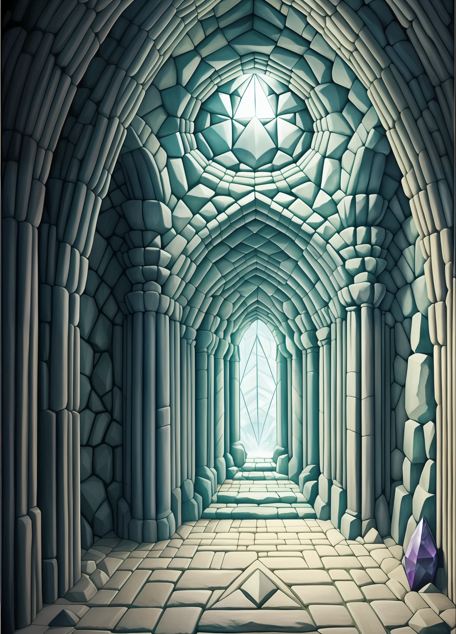 Encyclopedia color illustrations:: Fantasy underworld undead kingdom architecture, cave lair interior, magic light, skeletons, immortality, colorful decorative gemstones carved walls, crystals --v 6