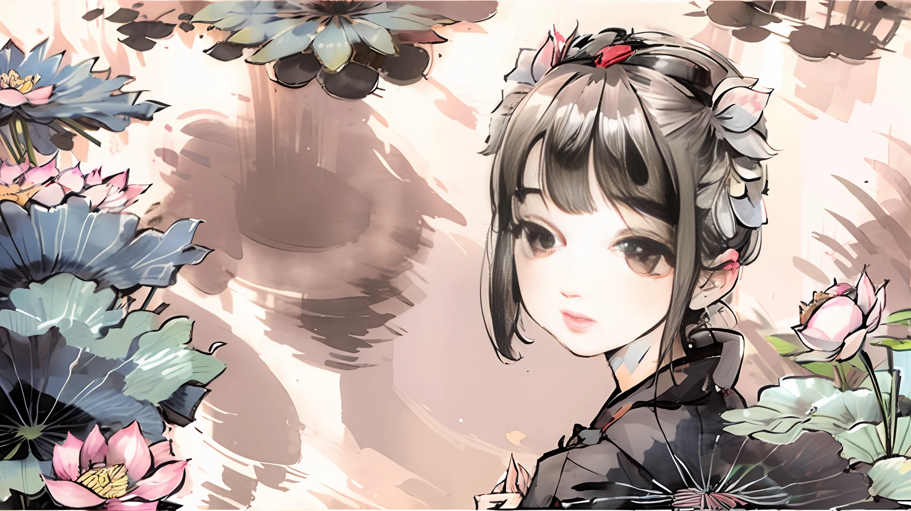 A young girl stands in a lotus pond with many koi fish