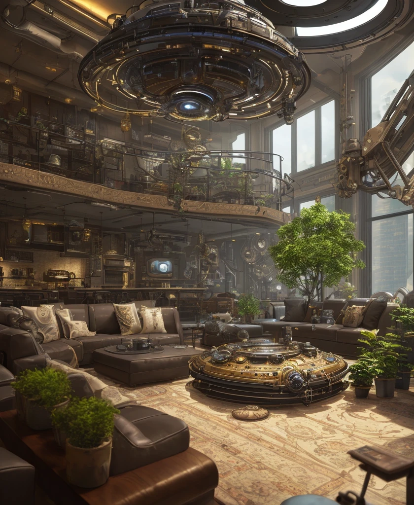 one organic steampunk mechanical scifi ufo sitting on the floor of modern over planted living room with carpet, modern interior, High quality photo, ultra high res, (photorealistic:1.4), cinema lighting, insanely detailed, hyper realistic, fine details, octane render