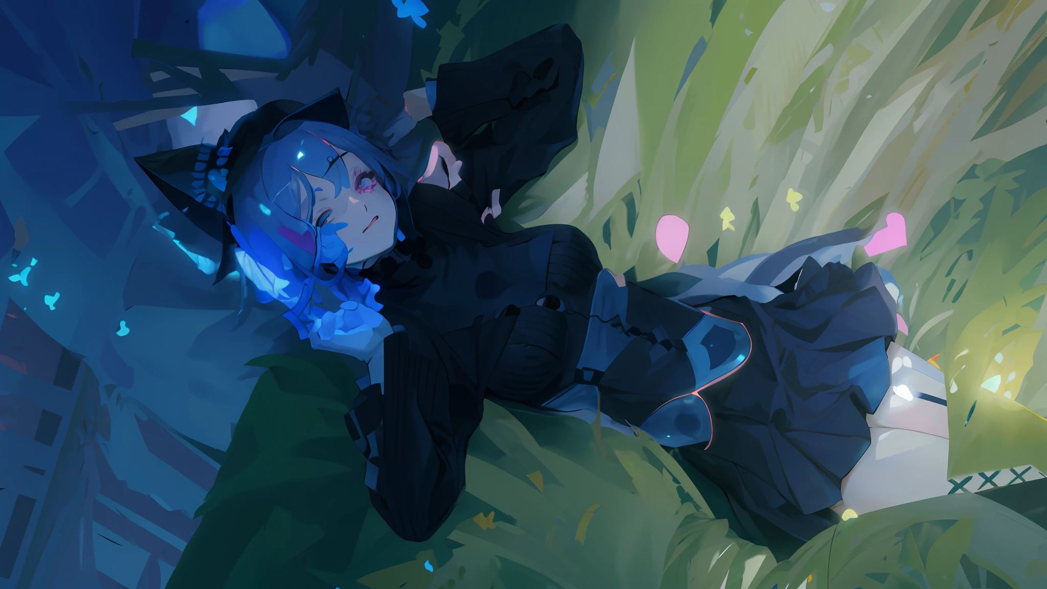 black hat, short blue hair, black one piece sweater, miniskirt, waist ribbon blue, blue sash, blue accessories, hands together, black laced thigh highs, body shot, wink, purple eyes, smile, cat pin on hat, pink butterflies, grass background, blue trees background, yellow butterflies, depth of field, Phantasy Star Online 2, Conversion, Anime girl, drawn by zettai ryouiki, one eye closed, blue cross stitches, crossed legs, heart with hands, cat eared hat, (masterpiece, blue thin eyebrows, black eyelashes, pink lips, one eye open, anime style, official artwork, (best quality, high resolution), gorgeous, closed mouth