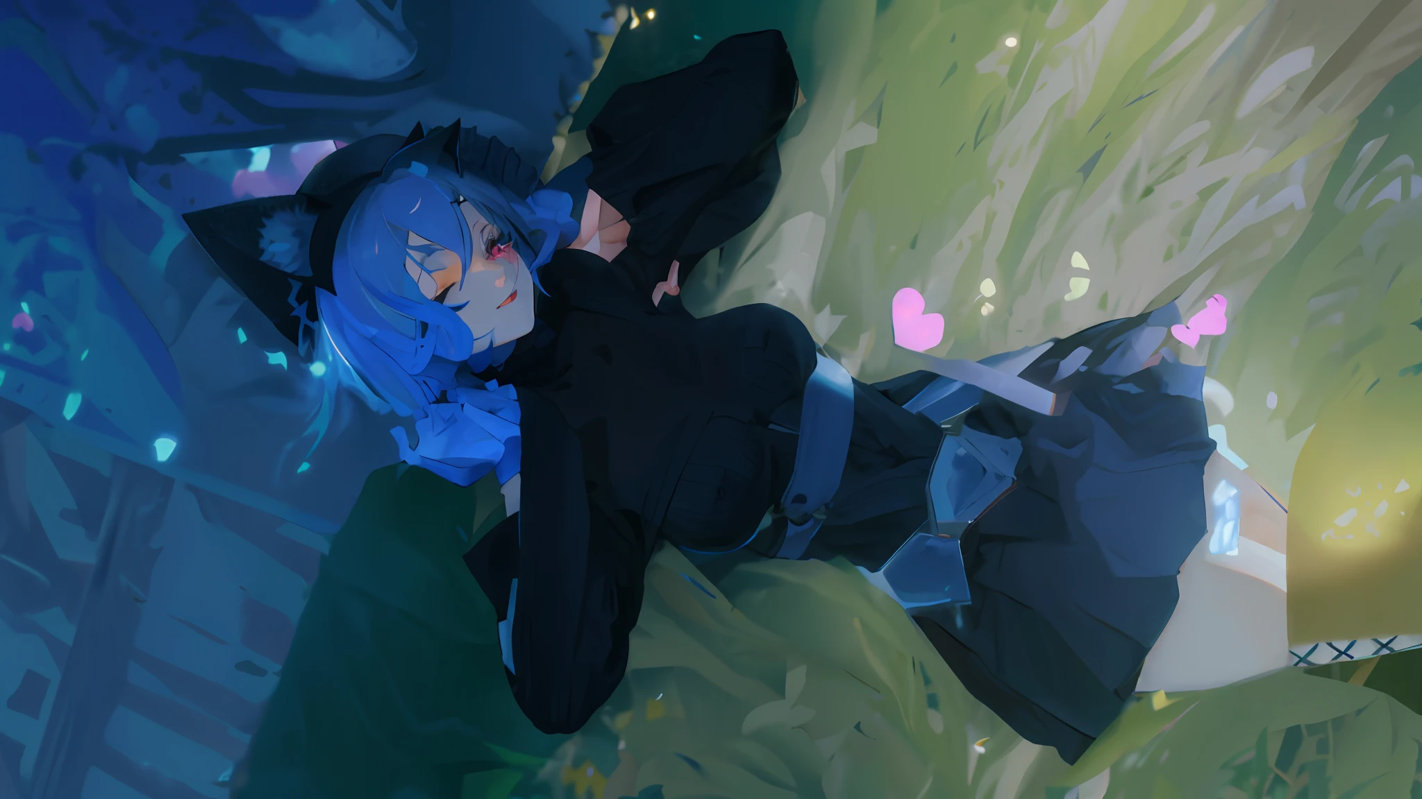 black hat, short blue hair, black one piece sweater, miniskirt, waist ribbon blue, blue sash, blue accessories, hands together, black laced thigh highs, body shot, wink, purple eyes, smile, cat pin on hat, pink butterflies, grass background, blue trees background, yellow butterflies, depth of field, Phantasy Star Online 2, Conversion, Anime girl, zettai ryouiki, one eye closed, blue cross stitches, crossed legs, heart with hands, cat eared hat, (masterpiece, blue thin eyebrows, black eyelashes, pink lips, one eye open, anime style, official artwork, (best quality, high resolution), gorgeous