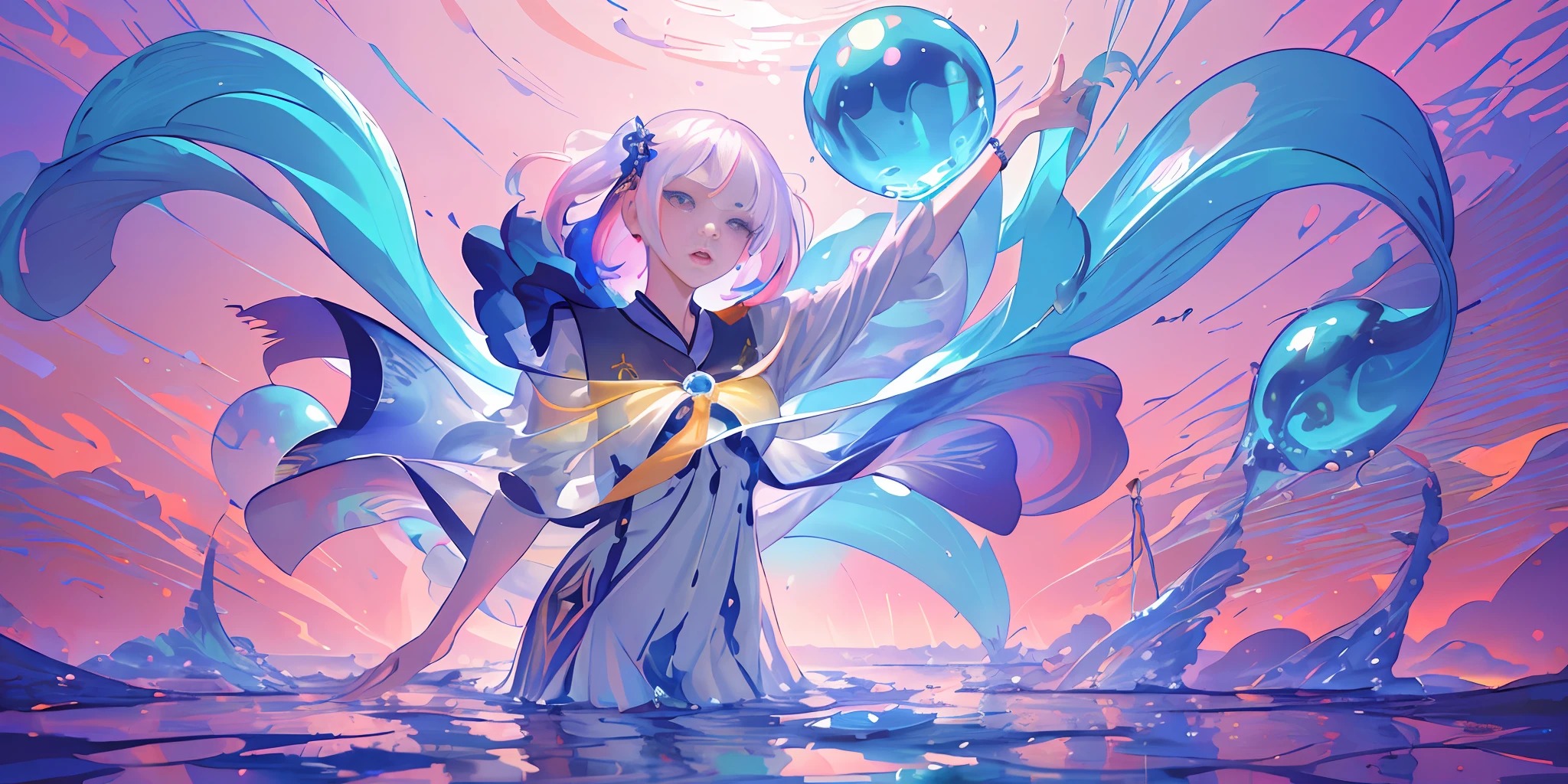 (masterpiece), (best quality), (super detailed), (illustration), (1girl), (fashionable clothing), standing, mannequin, looking at viewer, (interview), (simple background), beauty of beauty, ( Highlight and degree), (colorful water splash), colorful bubbles, (shiny), focus face,