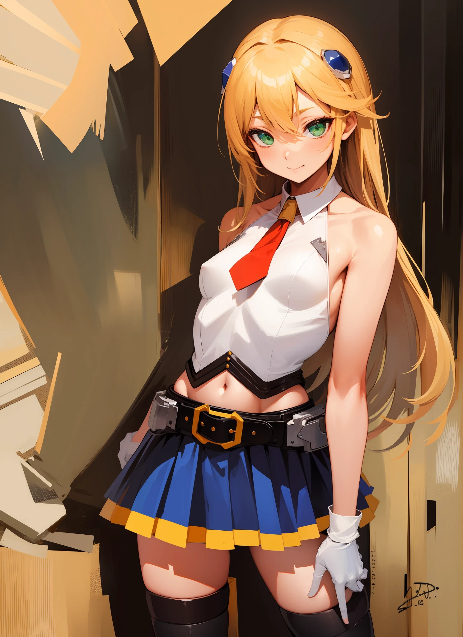 (masterpiece, best quality, high resolution) long hair, thighhighs, skirt, navel, gloves, hair ornament, belt, necktie, black thighhighs, white gloves, midriff, bare shoulders, miniskirt, pleated skirt, zettai ryouiki, white shirt, sleeveless, hands on hips, looking at viewer, bent forward, slight smile, blonde hair, green eyes, no backdrop