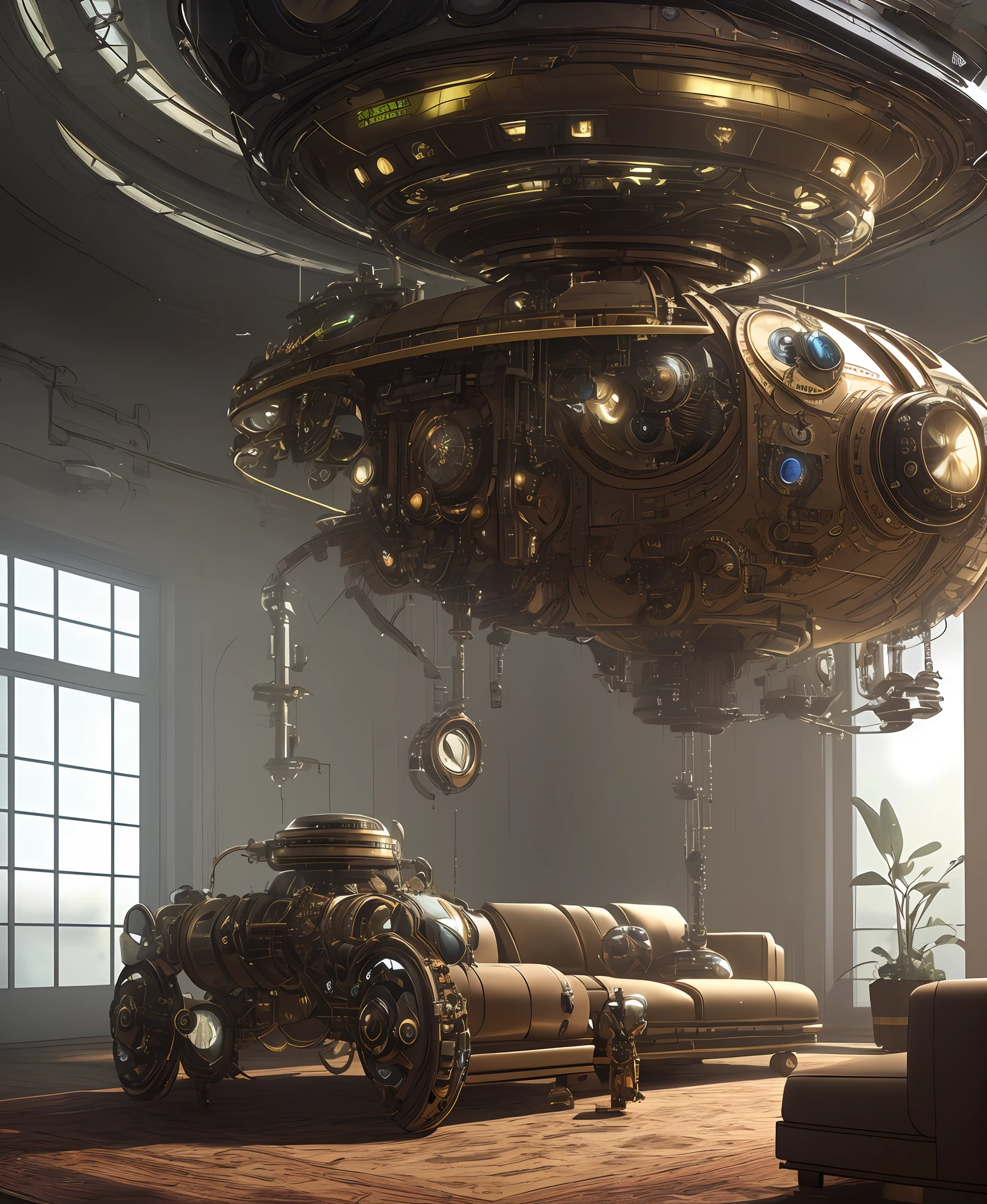 one organic steampunk mechanical scifi ufo sitting on the floor of modern over planted living room with carpet, modern interior, High quality photo, ultra high res, (photorealistic:1.4), cinema lighting, insanely detailed, hyper realistic, fine details, octane render