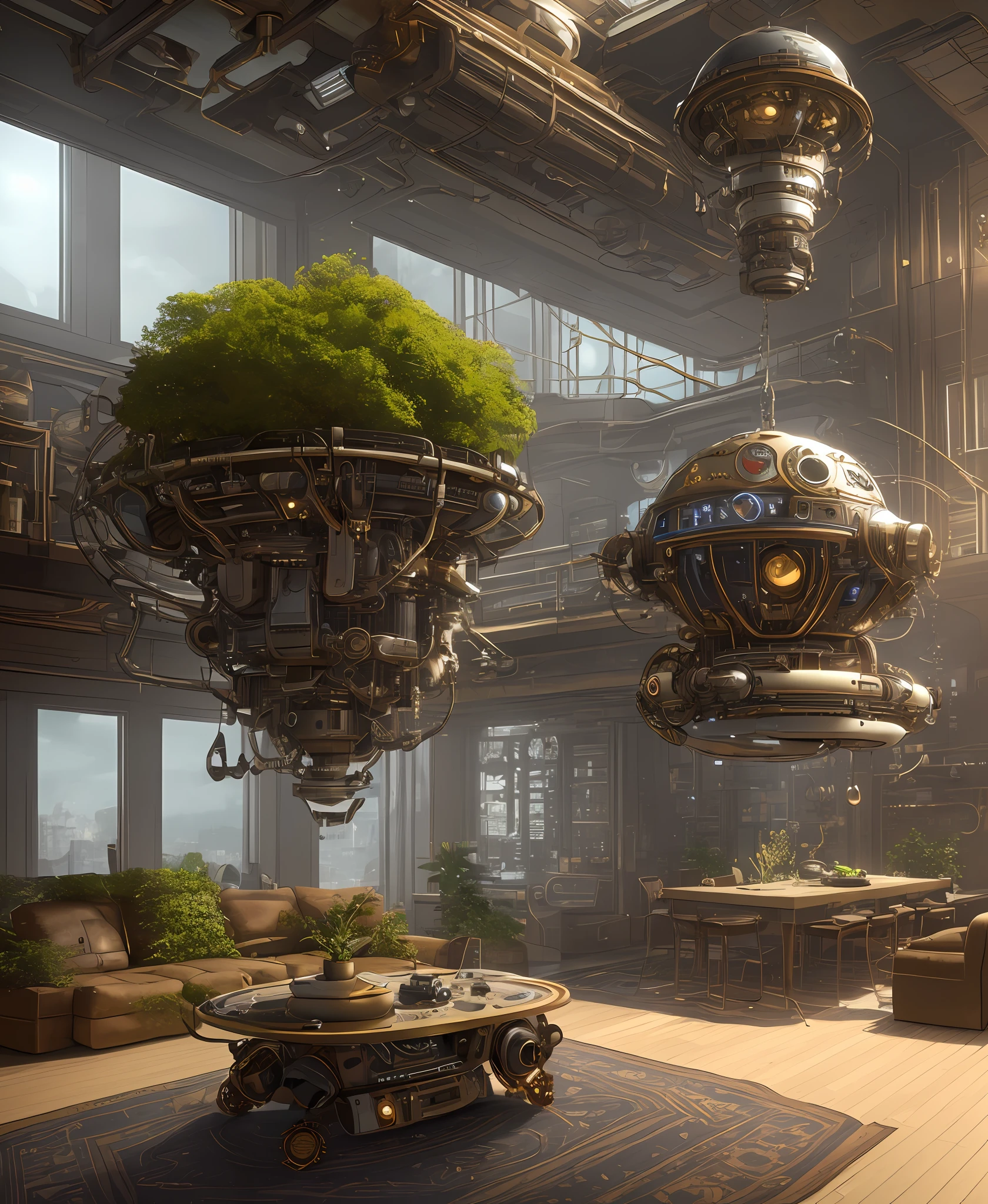 one organic steampunk mechanical scifi ufo sitting on the floor of modern over planted living room with carpet, modern interior, High quality photo, ultra high res, (photorealistic:1.4), cinema lighting, insanely detailed, hyper realistic, fine details, octane render