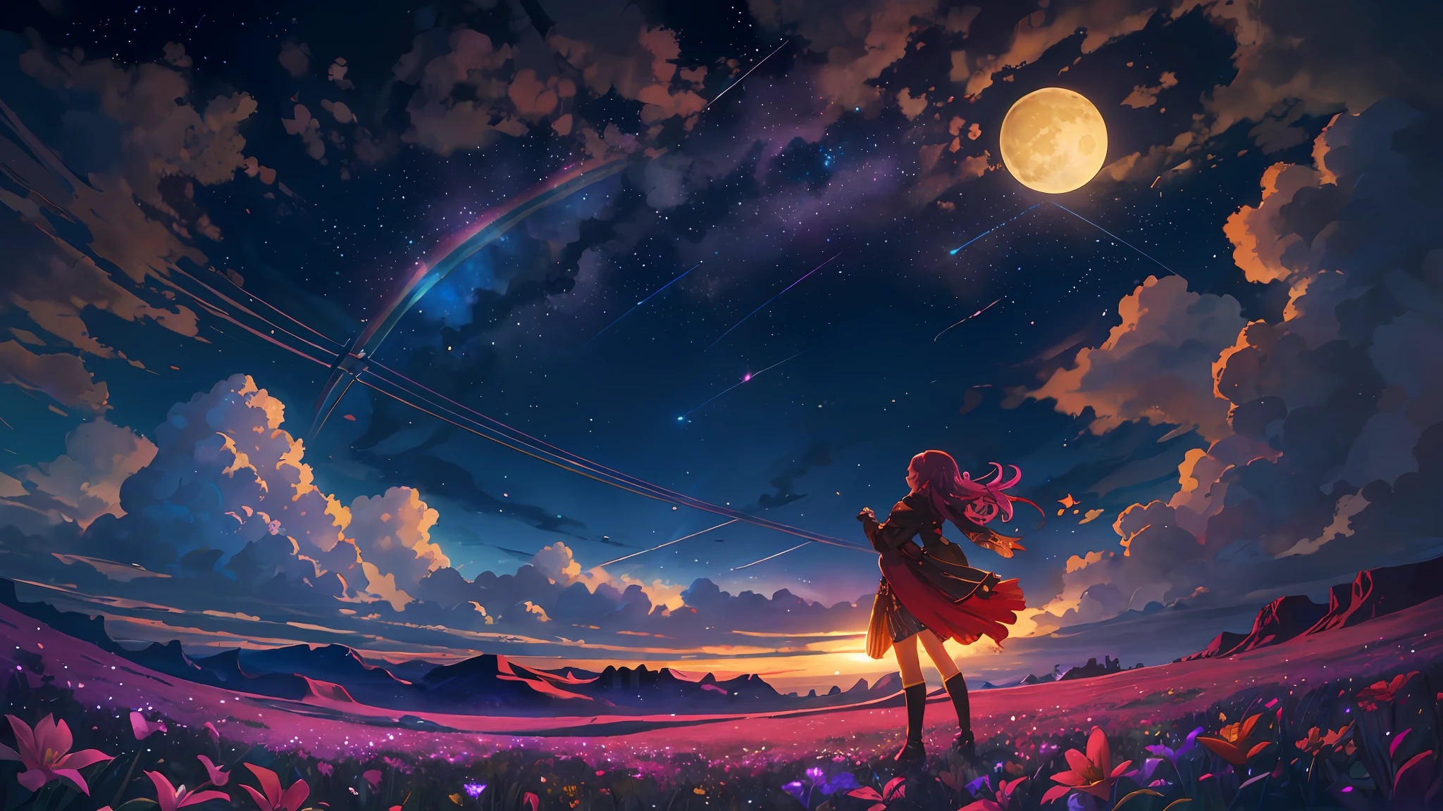 A wide landscape photo, (viewed from below, the sky is above, and the open field is below), a girl standing on a flower field looking up, (full moon: 1.2), (meteor: 0.9), (nebula: 1.3), distant mountains , Trees BREAK Crafting Art, (Warm Light: 1.2), (Firefly: 1.2), Lights, Lots of Purple and Orange, Intricate Details, Volumetric Lighting BREAK (Masterpiece: 1.2), (Best Quality), 4k, Ultra Detailed, (Dynamic Composition: 1.4), Rich in Detail and Color, (Rainbow Color: 1.2), (Glow, Atmospheric Lighting), Dreamy, Magical, (Solo: 1.2)