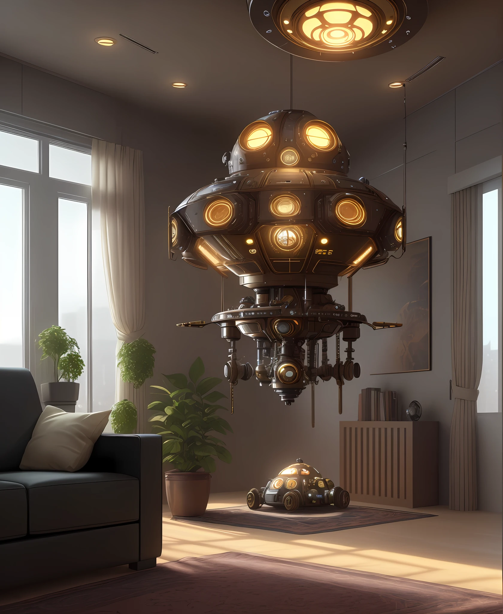 one organic steampunk mechanical scifi ufo sitting on the floor of modern over planted living room with carpet, modern interior, High quality photo, ultra high res, (photorealistic:1.4), cinema lighting, insanely detailed, hyper realistic, fine details, octane render