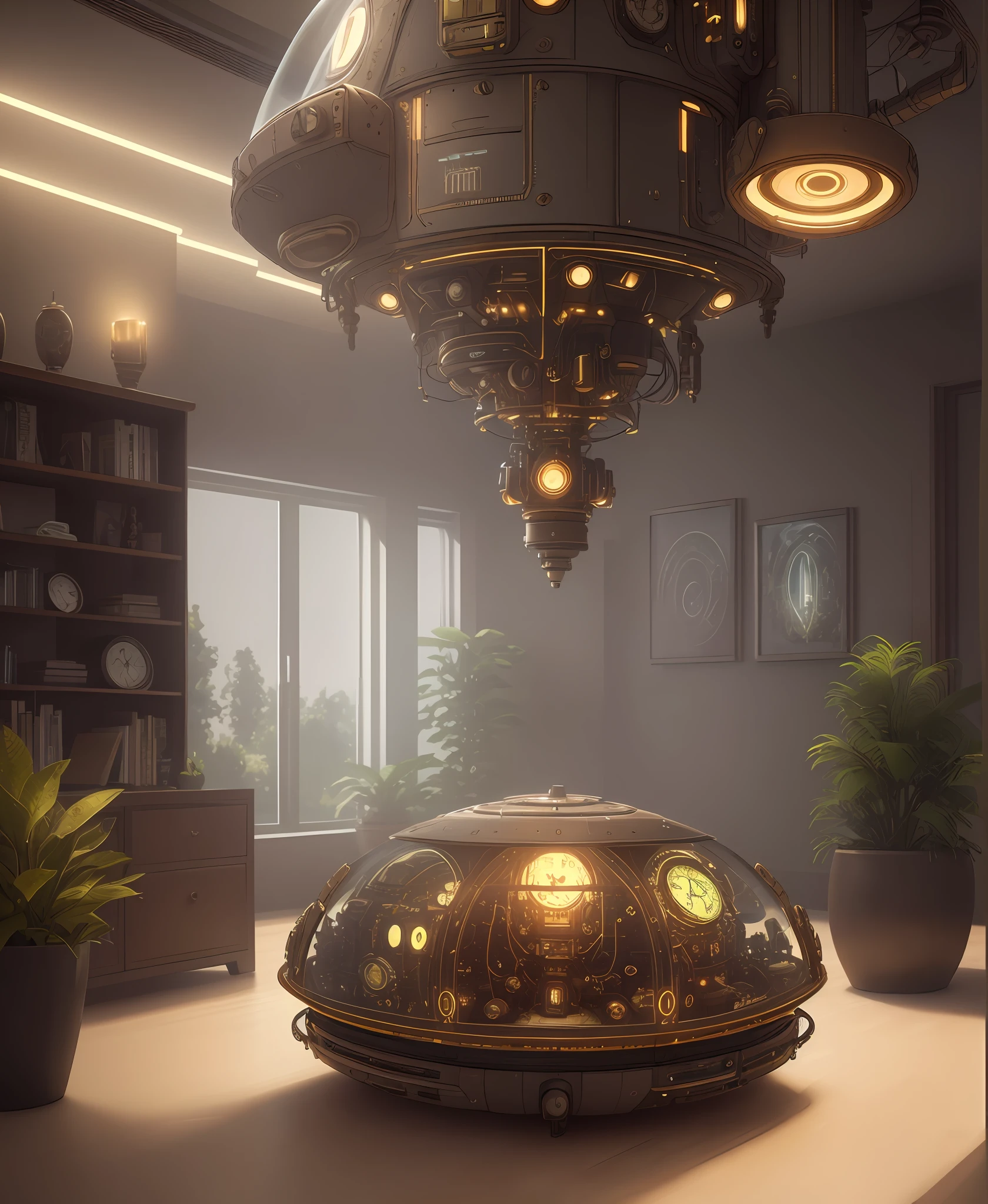 one organic steampunk mechanical scifi ufo sitting on the floor of modern over planted living room with carpet, modern interior, High quality photo, ultra high res, (photorealistic:1.4), cinema lighting, insanely detailed, hyper realistic, fine details, octane render