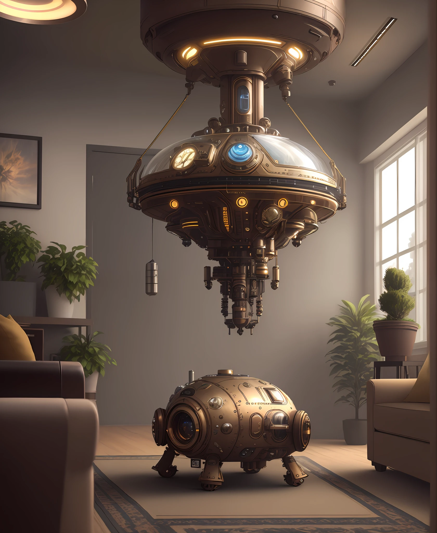 one organic steampunk mechanical scifi ufo sitting on the floor of modern over planted living room with carpet, modern interior, High quality photo, ultra high res, (photorealistic:1.4), cinema lighting, insanely detailed, hyper realistic, fine details, octane render