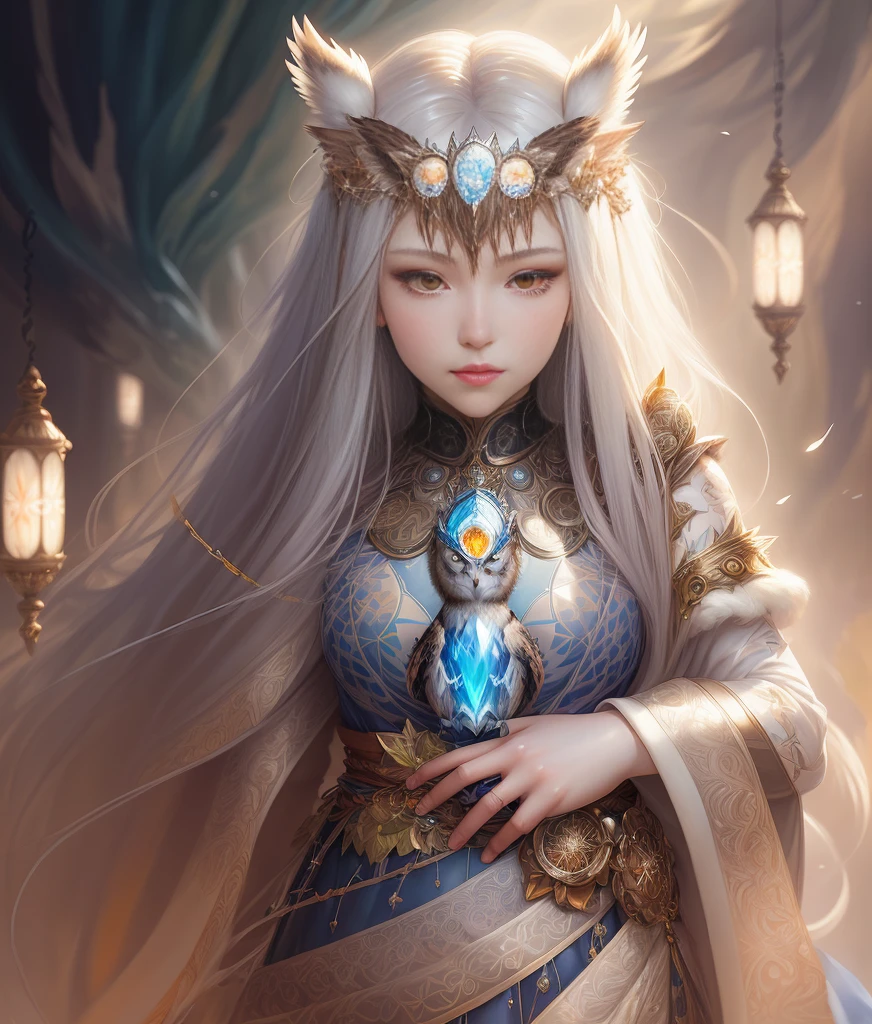 An animal, owl, realistic, vector, full body mosaic metal crystal decoration, glowing crystal eyes, white eye hair covered with crystal pendant, fantasy, sunlight, sunlight, intricate details. 8k, dreamy, surreal, symmetrical, soft lighting, popular on art tables, intricate details, highly detailed, unrealistic engine, by ross tran, wlop, artgerm and james jean, Brian Froud , art illustration by Miho Hirano, Neimi Kanani, oil on canvas by Aykut Aydoğdu, heavy brush strokes, paint dripping