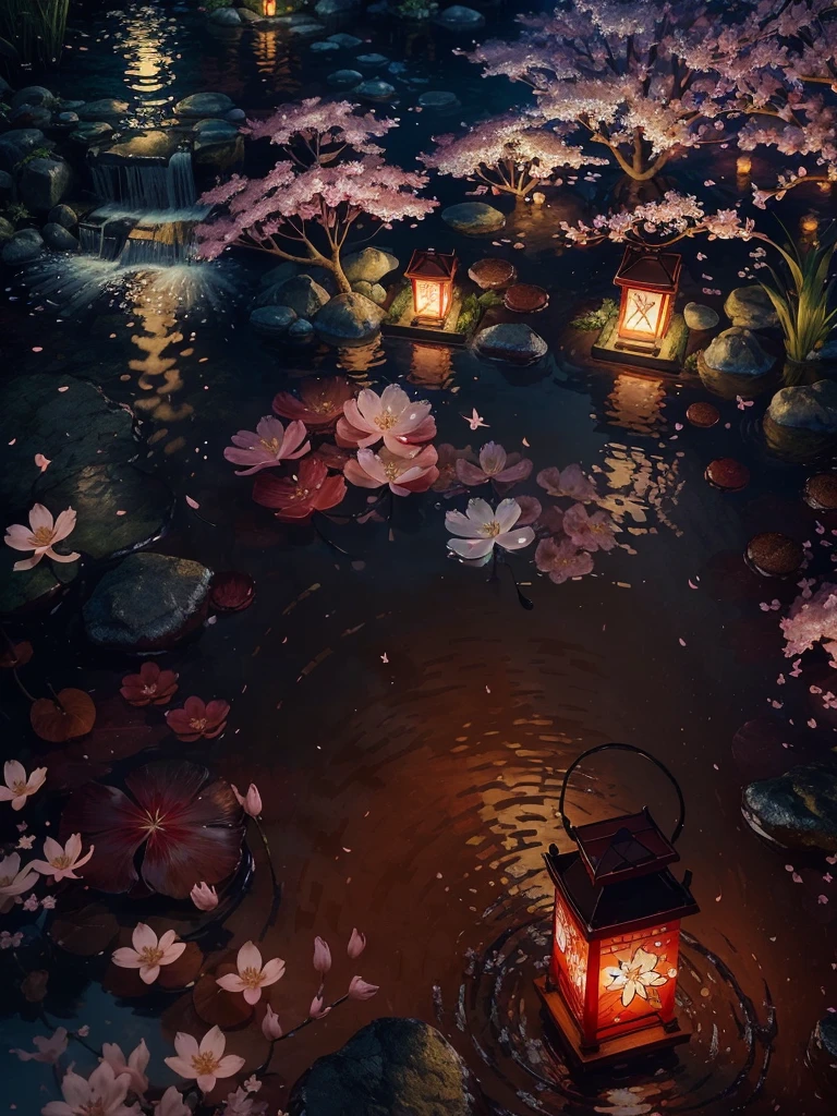 Masterpiece, Highest Quality, Solo, (Slim: 1.04), (Short: 1.15) and (Curve), (1 Girl), (Perfect Skin: 1.11) and (Big Breasts: 1.2), Full Body, High Angle and (Hanfu ), ((perspective: 0.6) Hanfu), (perfect face: 1.1) intricate (high detail: 1.1) body, eyes up, lips, submerged water, clear water, flower beds with lanterns in the background, dense forest, (above water leaves: 1.0), falling cherry blossoms, butterflies, fireflies, ultra-realistic lifelike textures dramatic lighting Unreal Engine trends on artstation cinestill 800
