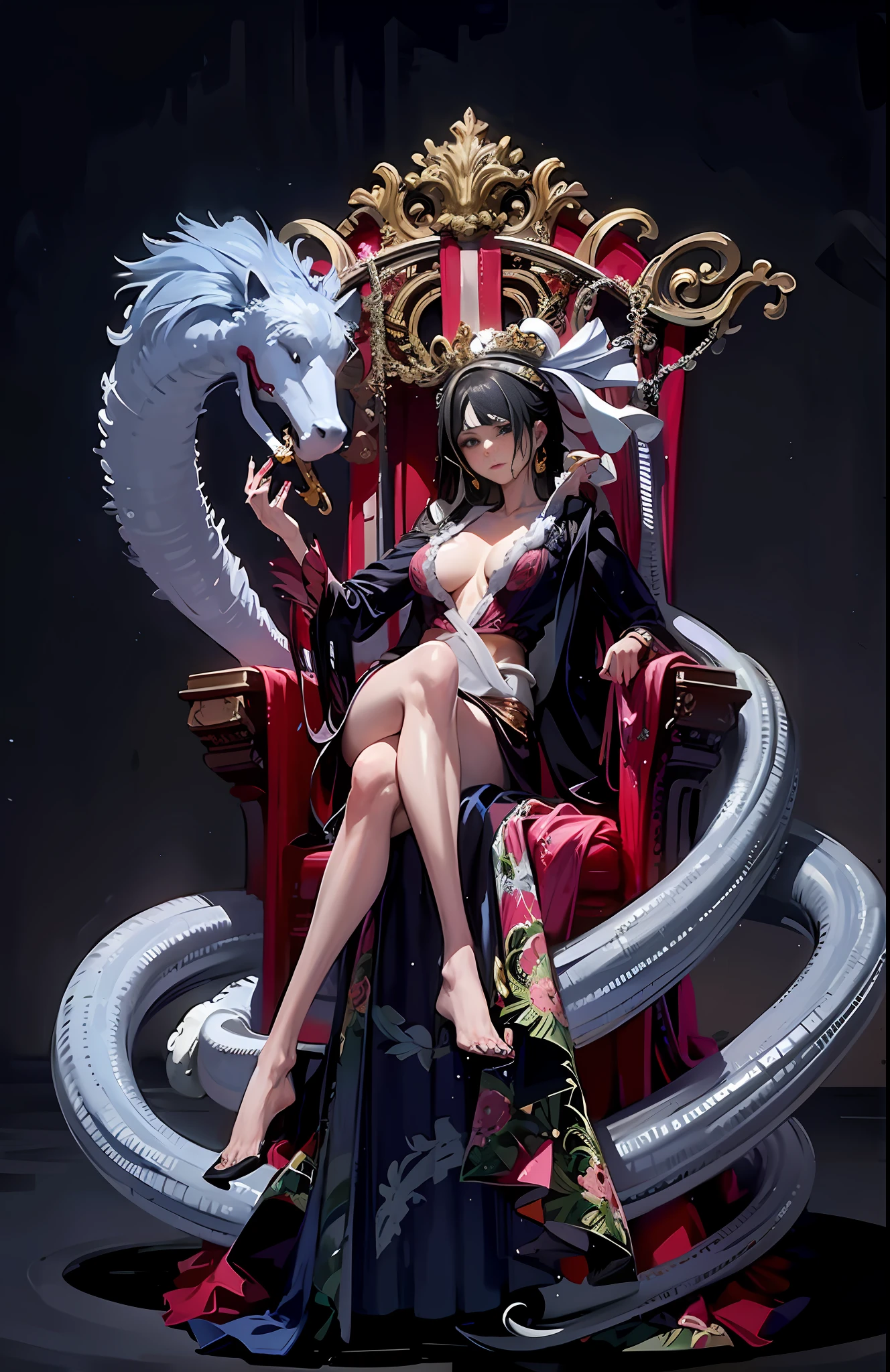 (Bohancock: 1.66) (Bohancock: 1.7) (Bohancock: 1.8) The perfect depiction of Boa Hancock's perfect body curve perfectly interprets her enchanting and noble. Guide the AI to portray One Piece Boa Hancock in a richly detailed way, making the picture flawless. More mature face, European and American looks, open and sexy. ((painting-like style: 1.2, detailed rendering: 1.3, exquisite illumination: 1.4)), high-definition and soft, plump breasts, slightly raised hills, round areola, one breast that is open and exposed, moist and smooth skin , the neck with sweat slipping down, the delicate skin wet by the rain, the dancing water droplets, and the playful details are all the more moving.