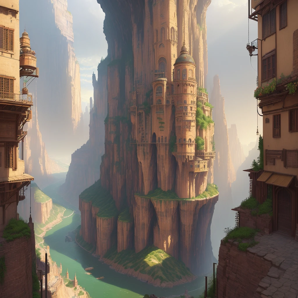 ((masterpiece)),((best quality)),((high detial)),((realistic,)) Industrial age city, deep canyons in the middle, architectural streets, bazaars, Bridges, rainy days, steampunk, European architecture