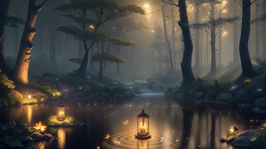 Masterpiece, best quality, (very detailed CG unity 8k wallpaper), (best quality), (best illustration), (best shadows), glow sprite, with a glowing deer, in the swimming pool Drinking water, natural elements in the forest theme. Mysterious forest, beautiful forest, nature, surrounded by flowers, delicate leaves and branches surrounded by fireflies (natural elements), (jungle theme), (leaves), (twigs), (fireflies), (particle effects) etc. 3D , Octane rendering, ray tracing, super detailed